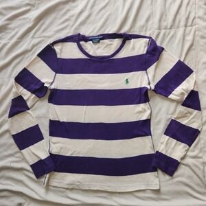 Ralph Lauren Sport Long Sleeve Womens Shirt Sz L Purple & Cream striped Cotton